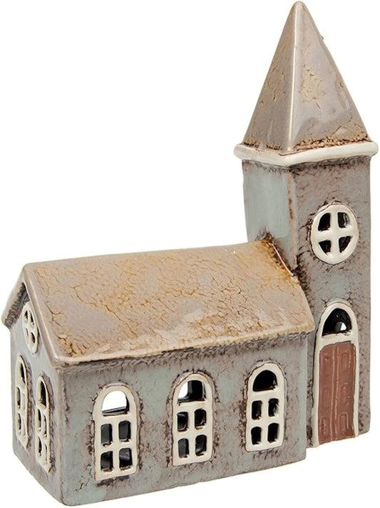 ⛪ Village Pottery Large Grey Church Tealight Holder – Ceramic Candle Lantern | A2MerchAndMore