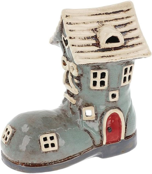 👢 Village Pottery Ceramic Boot House Tealight Holder – Grey & Cream Glazed Cottage Lantern | A2MerchAndMore