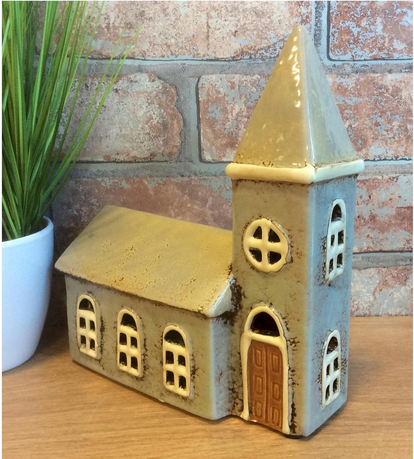 ⛪ Village Pottery Large Grey Church Tealight Holder – Ceramic Candle Lantern | A2MerchAndMore