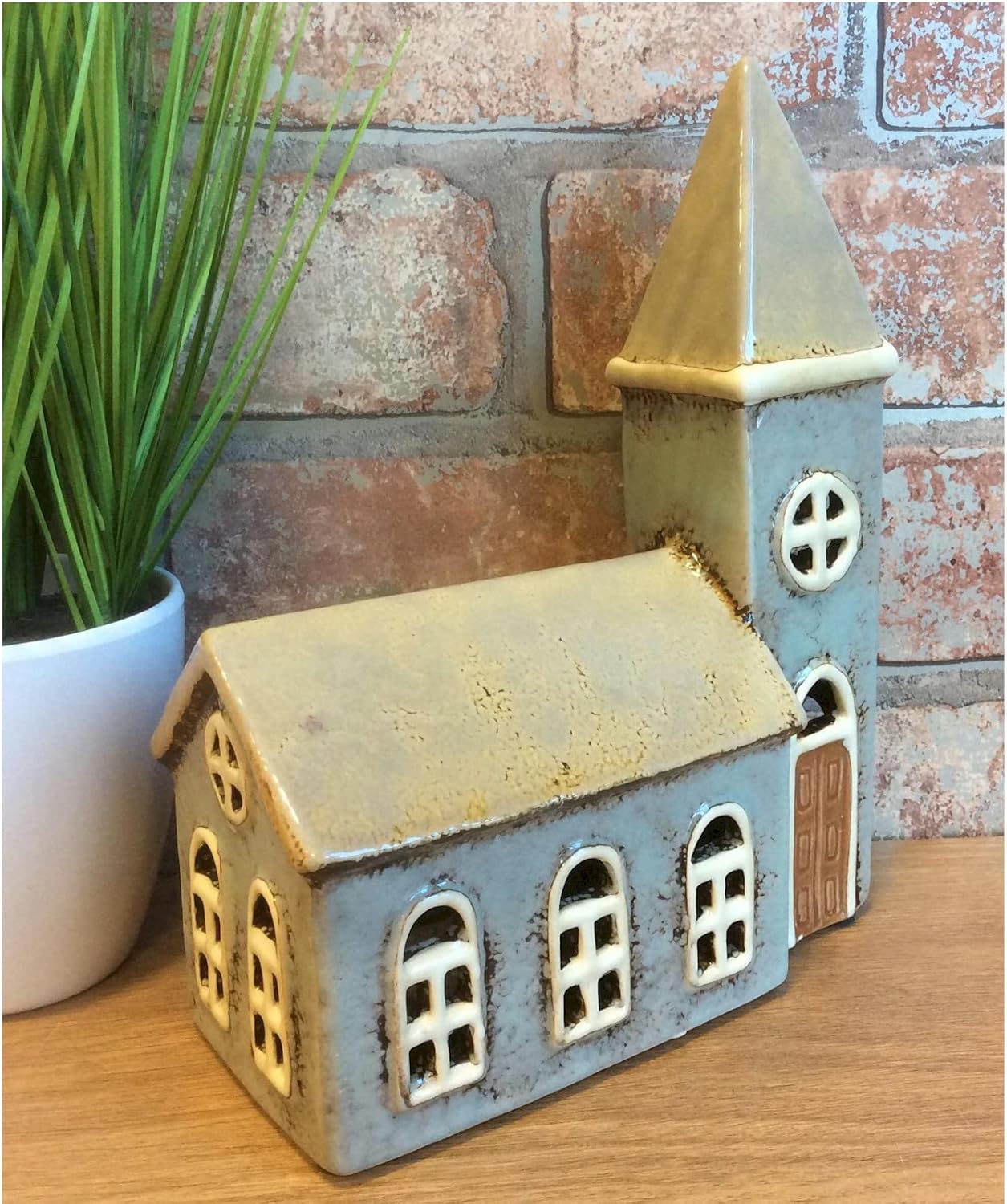 ⛪ Village Pottery Large Grey Church Tealight Holder – Ceramic Candle Lantern | A2MerchAndMore