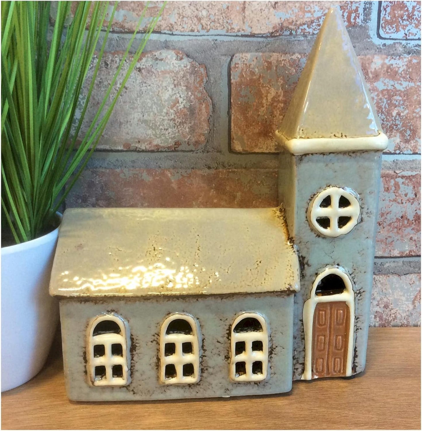 ⛪ Village Pottery Large Grey Church Tealight Holder – Ceramic Candle Lantern | A2MerchAndMore