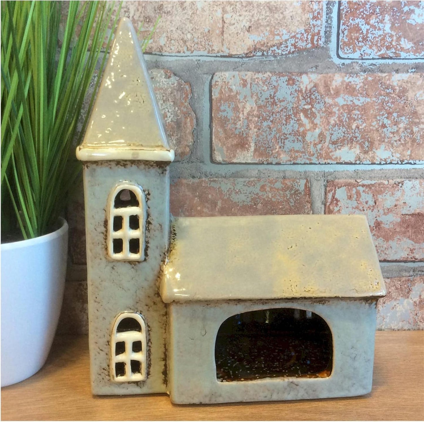 ⛪ Village Pottery Large Grey Church Tealight Holder – Ceramic Candle Lantern | A2MerchAndMore